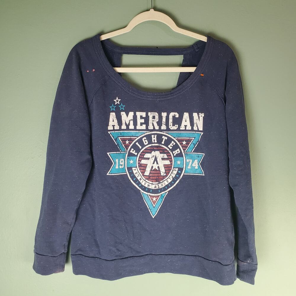 American Fighter Womens Blue Cut Out Crewneck Long Sleeve Sweatshirt Size XL